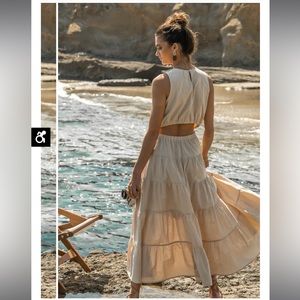 Tan tiered maxi dress with back cutout EUC sz S